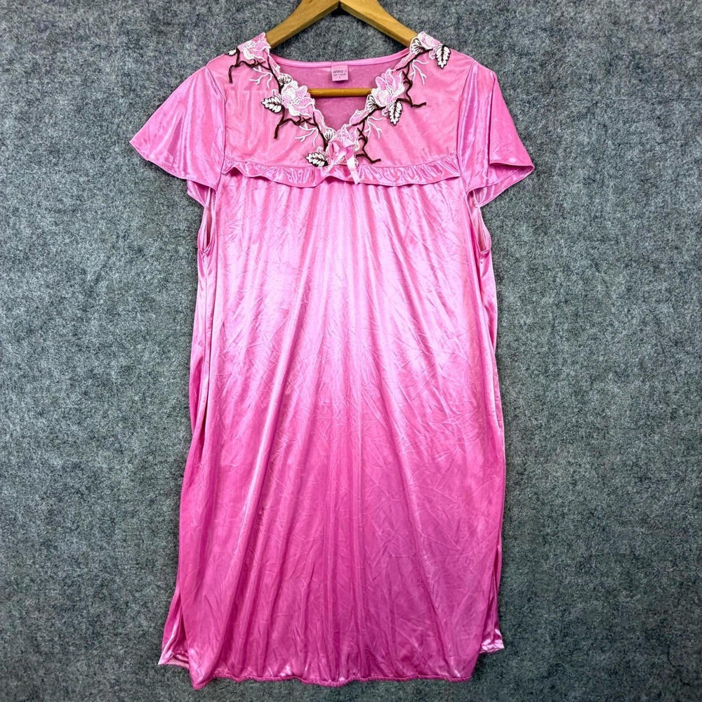 Vintage Nine's Nightgown Womens Large‎ Pink Satin Embroidered Lace Grandma Sexy